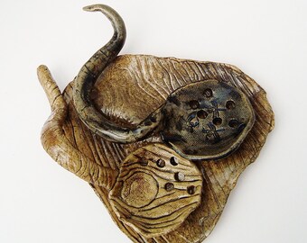 Rustic Double Spoon Rest, Primitive, Faux Bois, Woodgrain, Asymmetrical, Stoneware, Wabi Sabi, Hobbitware, Brown Tan Black