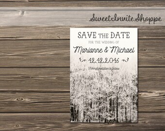 evergreen forest wedding save the date snow wedding christmas
