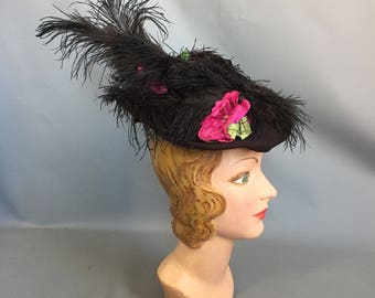 1930s 1940s ostrich feather tilt hat - edwardian style