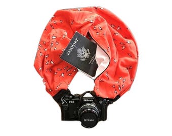 Birds and Orange Print Camera Strap with Lens Pocket - The Original Camera Scarf Strap With Hidden Pocket