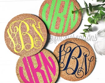 PERSONALIZED COASTERS | Set of 4 Monogram coasters | Coasters Cork | Custom Coasters | Wedding Coasters | Bridesmaid Gifts Mother's Day Gift