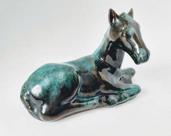Blue Mountain Pottery Sitting Colt Animal Home Decor, Traditional Green Drip Glaze made of Red Clay, Horse Collection, BMP Canadian Pottery