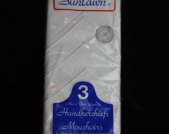 Mens Handkerchiefs 3 in Package by Sunlawn 100% Cotton Quality White New Old Stock