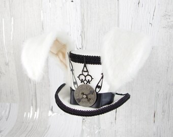 The White Rabbit - Rabbit Eared Black and White Steampunk Medium Mini Top Hat Fascinator, Alice in Wonderland, Mad Hatter Tea Party, Derby