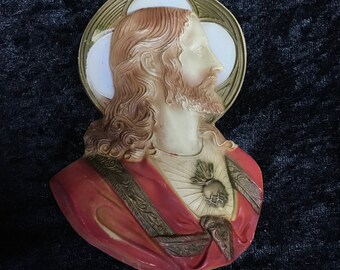 Plastic Jesus Portrait Sacred Heart Antique Religious