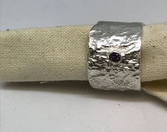 Amethyst ring, sterling silver, band, gemstone ring, reticulated ring, wide band ring