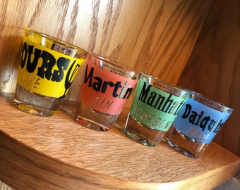 Set of Four 1950's Shot Glasses | Mid Century Vintage Shot Glasses | Classic Drink Recipes Shot Glass Set | MCM Funky Retro Barware