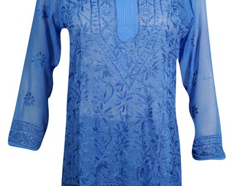 INDIAN Ethnic Georgette Tunic Blue Floral Embroidered Summer Fashion Hippie Chic Blouse Top S