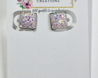 10mm White Square Druzy Earrings