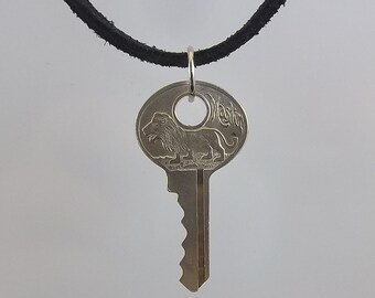 Vintage Small Lion Key Necklace, Silver Nickel, Leather Cord, Mens Necklace, Womens Necklace, Industrial, Steampunk
