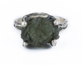 Organic green moldavite sterling silver ring, handmade