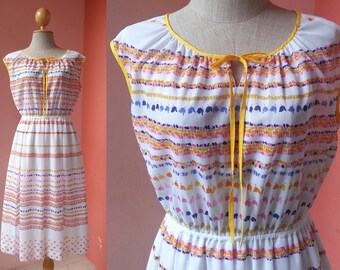 Floral Dress 80s Dress White Dress Vintage Dress 1980s Dress Women Casual Dress Flower Print Polyester Midi Japanese Dress Large Size 14