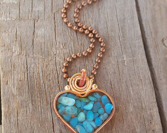 Long Turquoise Heart Necklace - Valentine - Blue Turquoise - Sleeping Beauty - Rustic Copper Heart - Cowgirl Jewelry - Copper Ball Chain