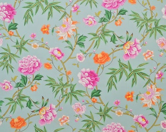 CLARENCE HOUSE CHINOISERIE Blossoms Bamboo Cotton Print Fabric 5 Yards Peach Rose Green Multi
