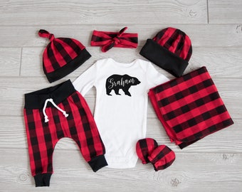 Baby Boy Coming Home Outfit, Christmas: CHOOSE YOUR COMBO Personalized Bear Bodysuit, Buffalo Plaid Harem Pants, Slouchy Hat, Swaddle, Mitts