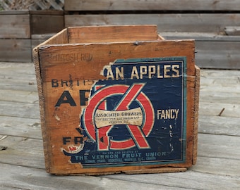 Vintage Fruit Crate - Antique fruit box - vintage apple crate - fruit crate with paper label - wood fruit crate - Wood Crate Storage