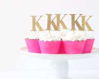 Gold Glitter Cupcake Toppers Girls Birthday Party Personalized Initial Letter Toppers Gold Glitter Party Supplies Princess Party / Set of 12