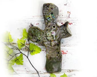 Art Cross - Religious home decor, Decorated Art Wall Cross, unique wall cross , ceramic cross-House warming cross -Christian Cross, #