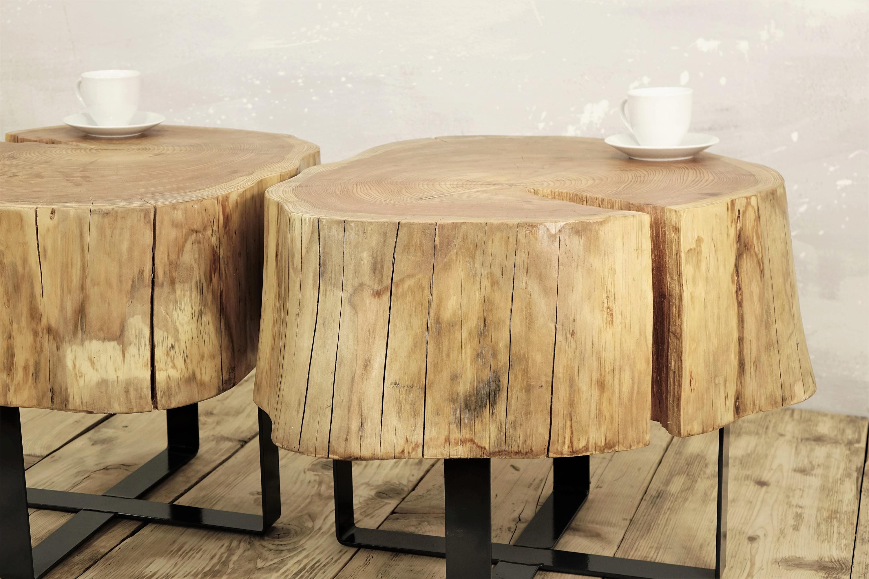 twin stump coffee table on metal base slab coffee table natural top