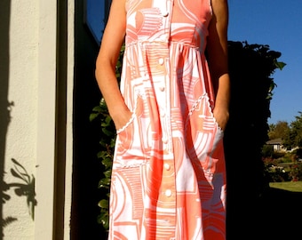 60s Mod Maxi Beach Dress// Vintage// Sleeveless//Polynesian Print