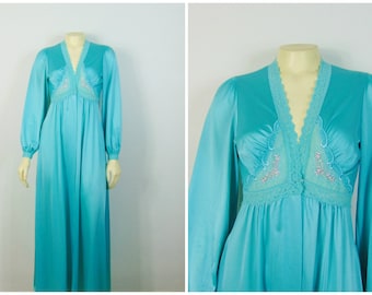 Vintage Robe 70s Shadowline Turquoise Blue Nylon Satin Robe Dressing Gown Size Small Made in USA