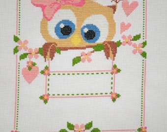 Owl Birth Record (Pink) - Finished Counted Cross Stitch - FREE Personalization