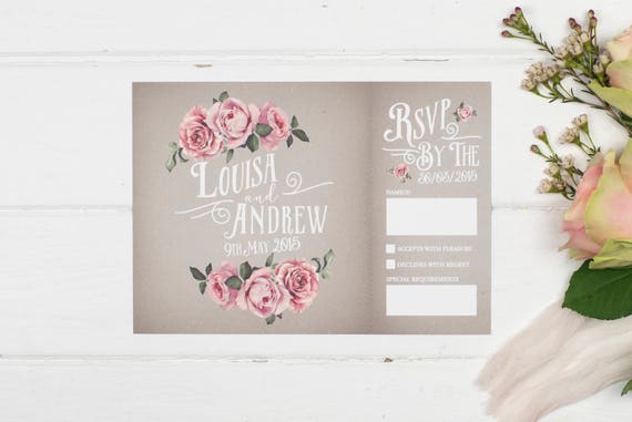Rustic Wedding Invitation - A5 Grey Rustic Rose