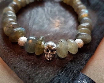 Labradorite Rondelles and 925 Sterling Silver Skull Charm bracelet.