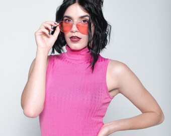 Vintage 1990's Hot Pink Sleeveless Mock Turtleneck Top Textured Slinky Tank Top Blouse Size Large