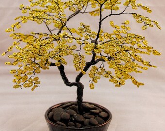 Yellow Beaded Bonsai Wire Tree Sculpture
