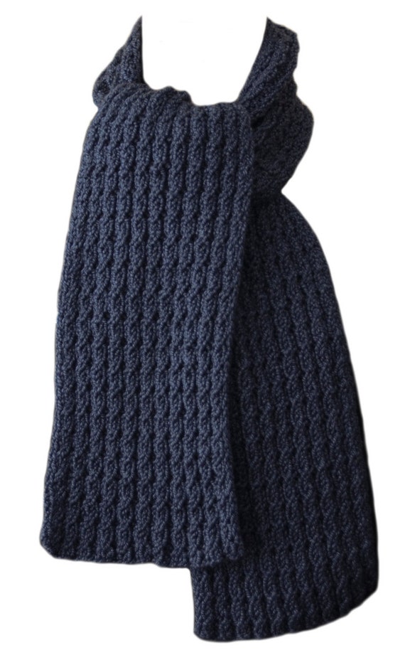 Items similar to Hand Knit Scarf Blue Italian Zara Wool Cable Rib on Etsy