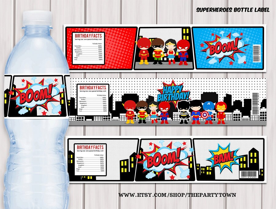 superheroes pop art water bottle label superhero printable