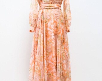 1970S PEACH CHIFFON DRESS - M/L