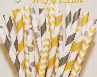 Paper Straws, 25 Yellow and Grey Paper Straws, Yellow Paper Straws, Grey Straws, Vintage Wedding, Birthday Paper Straws, Baby Shower, Bridal