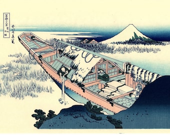 Japanese Ukiyo-e Woodblock print, Katsushika Hokusai, "Ushibori in Hitachi Province, Thirty-six Views of Mount Fuji"