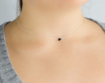 Black Onyx Choker, Thin Sterling Silver Choker Adjustable, Thin Chain Short Necklace, Delicate One Bead Choker, Minimalist Sterling Necklace