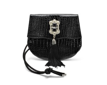 Leatherock by Nina Arjani Vintage 1990s Clutch Handbag Purse Black Croc Embossed Leather Silver Victorian Hardware Rock'n'Roll Steampunk USA