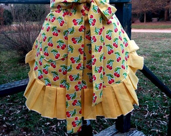 Apron with Pocket, Custom Apron, Pocket Apron, Apron with Cherries, Retro Apron, Ruffled Apron, Kitchen Apron, Hostess Apron, Womens Apron