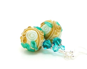 Teal Blue Earrings, Floral Earrings, Lampwork Earrings, Glass Earrings, Flower Earrings, Unique Earrings, Glass Bead Earrings