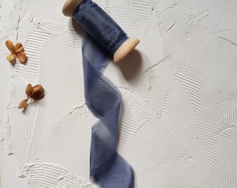BLEU PROFOND plant & hand-dyed silk ribbon; 100 % pongee silk; hand ripped; wedding bridal bouquet, invitations, wedding favors, styling