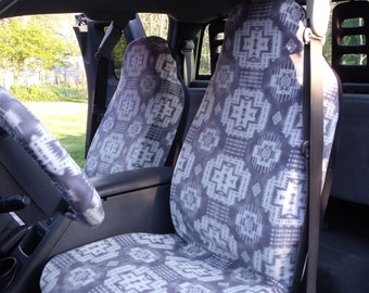 1 Set of Grey Southwest Print, seat covers and steering wheel cover, custom made.