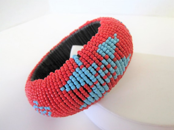 Native American Bangle, Coral Red Beaded, Turquoise Blue Black Beads, Lucite Backing