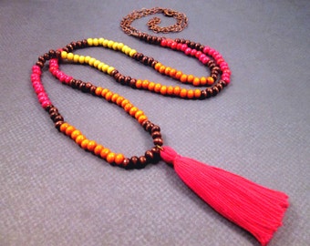 Tassel Necklace, Wood Beaded and Copper Chain Necklace, Yellow Orange Pink and Brown, Extra Long Boho Necklace, FREE Shipping U.S.