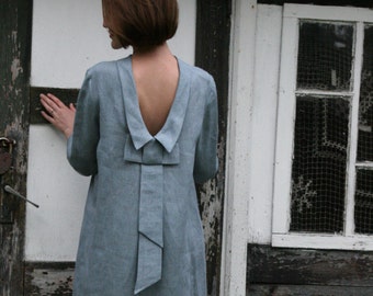 Linen Dress With Bow at Back/Linen Elegant Dress/ Linen Dress Midi/ Knee Length Dress With Open Back / Dress Eco Friendly