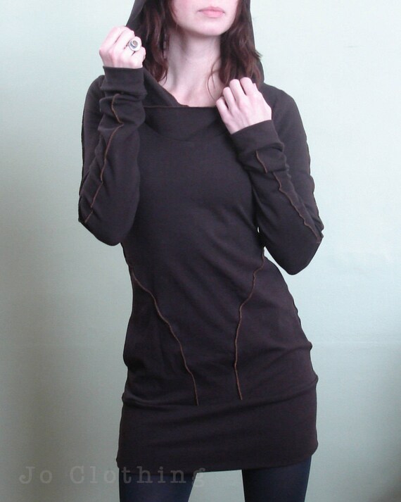 long sleeved hooded tunic dress with pockets in Dark Brown
