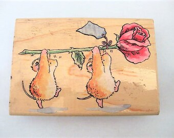Supplies ~ Rubber Stamp Mice with Rose Flower Wood mounted Penny Black collection 2000 Clean