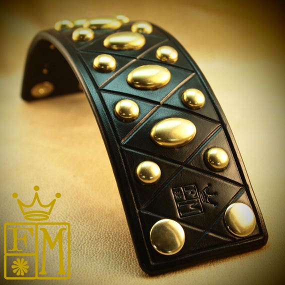 Leather cuff Bracelet Black bridle with Brass spots- Custom Made for YOU in USA by Freddie Matara
