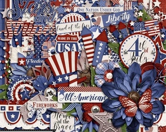 On Sale 50% Stars and Stripes Patriotic July 4th Digi Scrap Kit, Elements and Embellishments Kit for Digital Scrapbooking