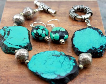 Rustic Bracelet, Rustic Boho Bracelet, Bohemian Bracelet, Turquoise Bracelet Earring Set, SouthwestTurquoise Sterling Silver Bracelet, #248