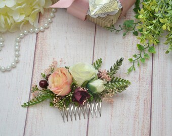 Peach ivory, Hair flower comb, Wedding hair flower, Hair comb wedding, Hair comb bridal, Decorative hair comb, Bride flower,Hair comb flower